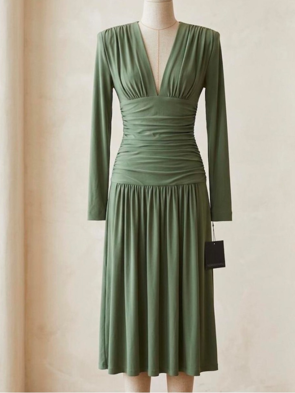 Norma Kamali Midi Dress 
Military Green V-Neck Long-Sleeve
Shirred-Waist Large